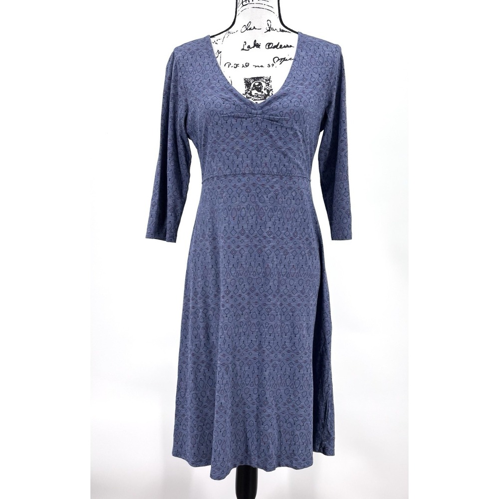 Toad & Co Rosalinda Dress Size Medium Blue Geometric V Neck 3/4 Sleeve Tencel